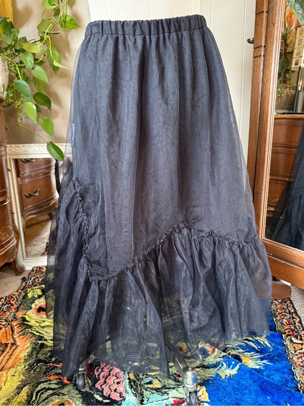JNBY Black Layered Tulle Maxi Skirt with Sheer Overlay, size L